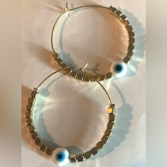 “Sky Blue Evil Eye” Devil’s Eye Nazar Protection Talisman Cube Square Bead Hoops - Picture 4 of 8